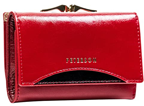PETERSON | Damenbrieftasche | Kompakt | Geräumig | 5 Kartenfächer | Geldscheinfach | Münzfach | Naturleder | Elegant | RFID-System (ROT/SCHWARZ)