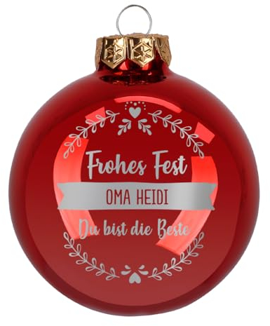 Herz & Heim® Weihnachtskugel aus Glas mit persönlicher Gravur/Rot oder Weiß/Matt oder Hochglanz/Ø 8 oder 10 cm/Verschiedene Motive Ø 8 cm, Rot Hochglanz, 3 Zeilen Wunschtext