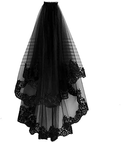 Prosy Halloween Schwarze Schleier Hochzeit Braut Floral Schleier Spitze Braut Haar Zubehör für Frauen und Mädchen (A)
