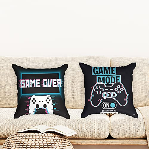Ulticool - Kissenhülle - Game On Off Controller Monitor Gaming - Set von 2 Motiven – 45 cm x 45 cm - Dekokissen ohne Füllung - Kissenbezug Zubehör für Sofa/Bett - Schwarz Blau Türkis