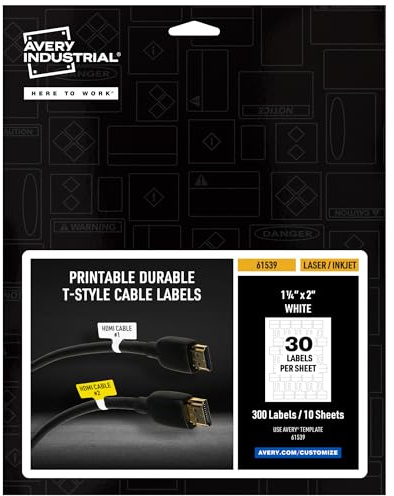 Avery Cable Labels, T-Style Self-Adhesive Cord Labels, 1.25 x 2, Tear-Resistant, Laser/Inkjet and Handwrite-Compatible, Wire Marking, 300 Total (61539)