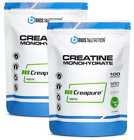 CREAPURE® Creatin Monohydrat Pulver 2x 500gr - 100% reinstes Kreatin - hochdosiert, vegan & geschmacksneutral - BIOS Nutrition (Made in Germany)