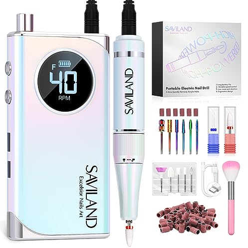 Saviland Ponceuse à Ongles Professionnel 40000 tr/min, Lime à Ongles Électrique 6000mAh Sans Fils, Machine de Fraisage des Ongles pour les Ongles en Acrylique avec Batterie Rechargeable
