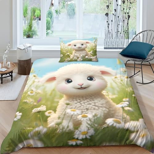 AAHARYA Niedliches Schaf Bettbezug-Set,Cartoon Schaf-Bettwäsche-Set Mit Reißverschluss, 100% Polyester, Geschenk-Bettbezug Single（135x200cm）
