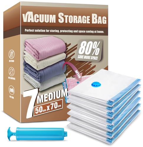 Space Saver Bags, Pack of 7 Medium Vacuum Storage Bags, Compressed Sealer Bags Storage for Clothes, Comforters, Beddings and Blankets with Hand Pump