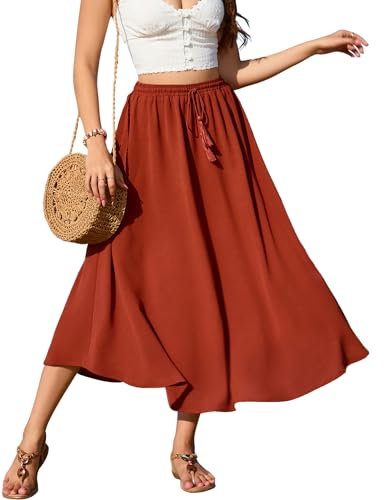 Zeagoo Damen Röcke Lang Hohe Taille Rock Elegant Maxirock A-Linie Mesh-Rock Mit Kordelzug Casual Midi Freizeitrock Einfarbig Rock Ziegelrot XXL