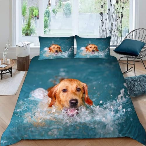 DILANI Bettwäsche 135x200 Kinder Hund 3D Bettwäsche-Set 3 Teilig Schwimmender Golden Retriever Weiche Microfaser Bettbezug mit Reißverschluss und Kissenbezug 80x80cm für Mädchen Jungen Kinder
