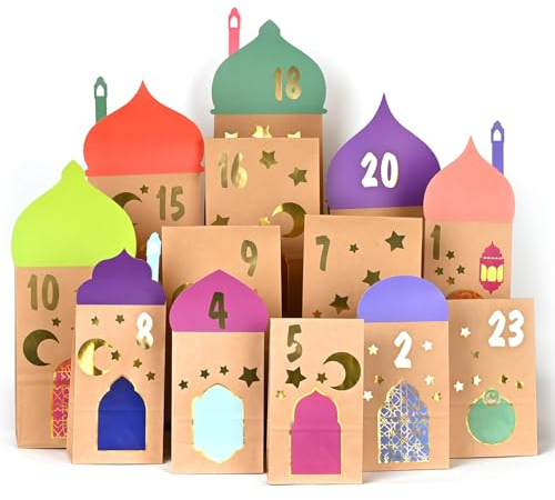 30 Ramadan-Geschenktüten mit Stanzteilen-Papiertüten aus Kraftpapiert Ramadan deko- Eid Mubarak dekoration -Häuser tüten-DIY Ramadankalender zum Befüllen -muslimischen deko Islam zuckerfest deko