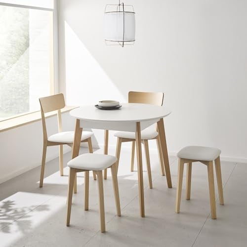 fanmuebles Mesa Redonda Extensible Blanco Mate Móstoles, Patas de Madera 90 x 77 x 90 cm