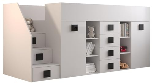 MEBLE KRYSPOL Toledo 3 Hochbett für Kinder, Jugendliche mit Stauraum - Etagenbett mit Schreibtisch, Kleiderschrank, Regal, Schubladen, Treppe - 248,5x93x123 cm - Weiß, Weiß, Schwarz