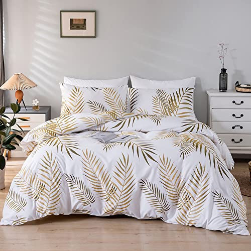 Set Housse de Couette 200x200 Motif Feuilles Tropicales Doré avec 2 Taies d'oreiller 65x65 cm - Parure de Lit en Microfibre Fermeture Éclair - Linge de Lit Botanique 2 Personnes Adulte