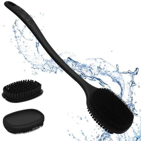 Row&Keep Back Scrubber for Shower, New Updated, Reversible Body Scrub Brush, Long Handle, Comes with Soft Silicone Bristles and Stiff Nylon Bristles for Shower Scrubbing and Massage