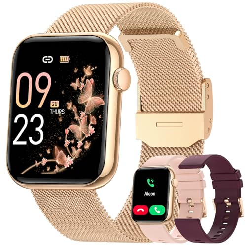 NAIXUES 2024 Reloj Inteligente Mujer con Llamada, 1.85” Smartwatch Mujer con 3 Correas 120+Modos Deportes 24H Pulsómetro SpO2, Monitor Sueño Seguimiento del Ciclo Podómetro para Android iOS Oro Regalo