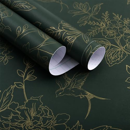 Froluya Green and Gold Peel and Stick Wallpaper for Bathroom 17.7in×196.8in | Dark Green Floral Wallpaper Vintage Contact Paper Peel and Stick Flowers Birds Removable Self Adhesive Cabinets Wall Paper