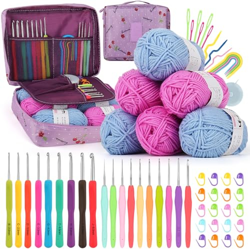 Coopay, Häkelset für Personen ohne Vorkenntnisse, 50-teiliges Starter-Set mit kleinen ergonomischen Häkelnadeln, Aufbewahrungstasche, Acrylgarn und Zubehör – Komplettset zum Häkeln lernen