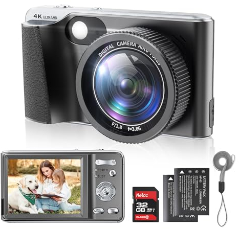 Digitai - Cámara compacta 4K para fotografía de enfoque automático, cámara de vlogging de 48 MP con tarjeta SD de 32 GB, zoom digital de 18x, antivibración, fotografía macro, 2 baterías (negro)