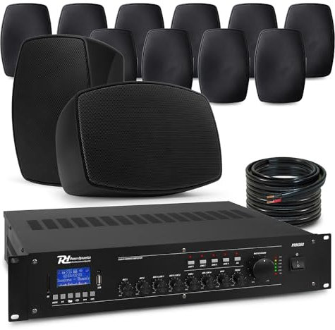 PD 12x 4 BHW40BK Wall Mounted Speaker System with 4-Zone 6-Channel Mixer Amplifier, Indoor/Outdoor Commercial Background Music System with Bluetooth, Weatherproof IPX5 Speakers, Black