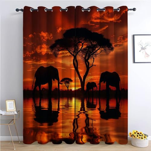 CozyRest Eyelet Blackout Curtain 92 W x 54 L Sunset Grassland Elephant Thermal Insulated Ring Top Curtains for Living Room Gaming Room Noise Reduction Privacy Protection Curtain – African Landscape