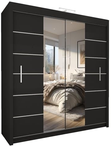 Style Heaven Modern Sliding Door Wardrobe for Bedroom,Matt Finish,3 Mirrored Sliding Doors wardrobes 6 Adjustable Shelves & 2Hanging Rail,made of MDF Chipboard, aluminium Handles Lisbon(250cm Black)