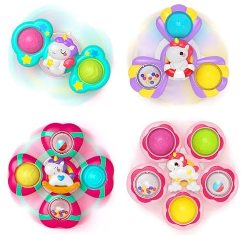 Usrela Saugnapf Spinner Spielzeug für Baby Kinder, 4 Pcs Baby Fidget Spielzeug, Spinner Sensorische Spielzeug für Kleinkinder 1-3, Badespielzeug Geburtstagsgeschenk ab 1 2 3 Jahre Kleinkinder