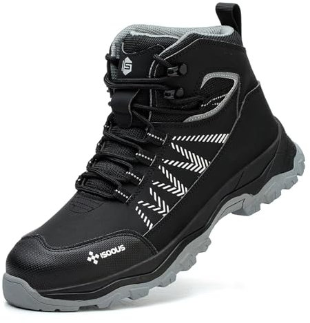 ISOOUS Scarpe Antinfortunistiche Uomo Alte Scarponi Antinfortunistiche Donna Leggere Stivali da Lavoro Comode Punta in Acciaio Nero 37 EU
