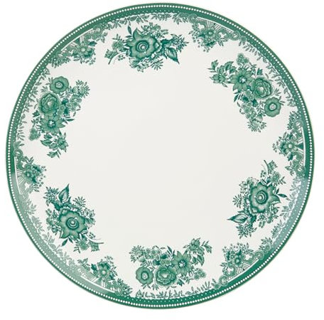 GENEVIEVE LETHU 539093 Assiette Plate en Grès Blanche et Vert Ø 27,5 cm - Collection TOILE de PRINTEMPS - Assiette en grès au charme classique, au décor floral délicat