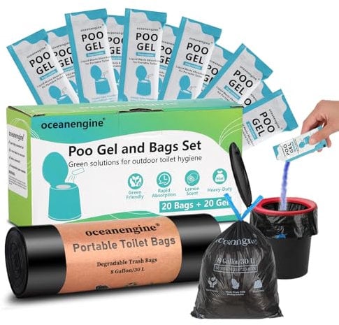Portable Toilet Bags Poo Gel Set, 8 Gallon Camping Toilet Bag with Portable Absorbent Gel, Compostable Potty Bag for Camping Outdoor Hiking