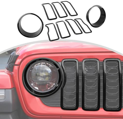 CKPEOR Kühlergrill Einsatz & Scheinwerfer Blinker Abdeckung Trim für Jeep Wrangler JL JLU & Jeep Gladiator JT 2024+,Exterieur Zubehör,Schwarz
