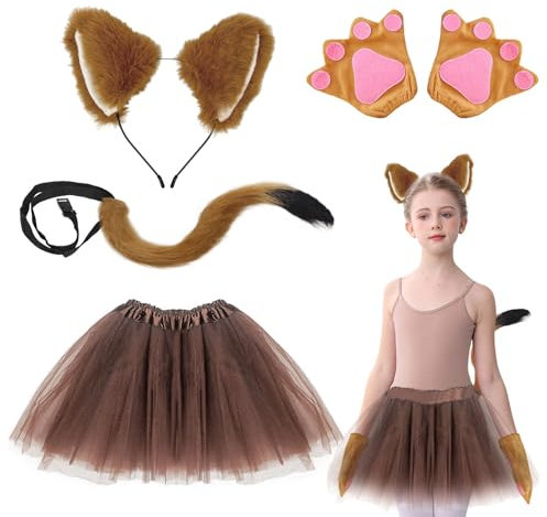 UILYNIU 4 Pièces Déguisement Renard pour Enfants, Renard Bandeau de Oreilles Longue Queue Renard Griffe Gants Tutu Jupe, Animal Costumes Renard Oreilles pour Enfants Halloween Carnaval Fête (Renard)