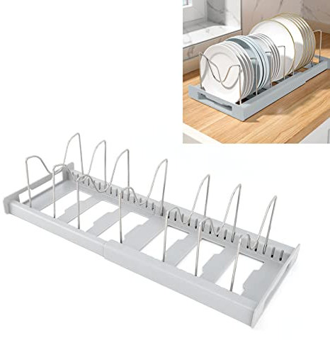 HISEEINLABEL Estante para sartenes y ollas, organizador de ollas expandible antideslizante expandible tamaño de estante soporte ajustable para tapa de olla para gabinete de cocina despensa (Gris)
