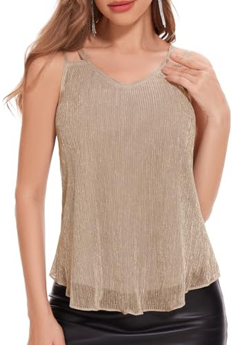 DRESSTELLS Pailletten Oberteil Damen Glitzer Top Spaghetti Ärmellos Shirt Metallic Blaues Glitzertop Frauen Party Sommer Outfit Sexy Vest Disco Tshirt Champagne L