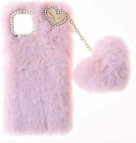 Fluffy Plush Case for iPhone 6s/6 4.7 Inch Heart-shaped Pendant TPU Bumper Protective Cover with Bling Diamond bowknot Cute Warm Winter for Women Girls Shockproof- Pink