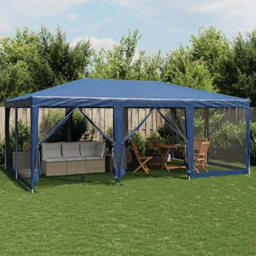 Gecheer Gazebo Pergola da Giardino con 10 Pareti Laterali in Rete Blu 6x4 m HDPE - Tendone per Feste con Tetto P4010067
