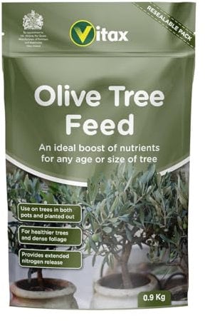 Vitax Olive Tree Feed - Organic Fertilizer with Extended Nitrogen Release for Healthier Growth, Dense Foliage & Improved Fruiting - Suitable For Borders, Pots & Containers - 0.9kg Pouch