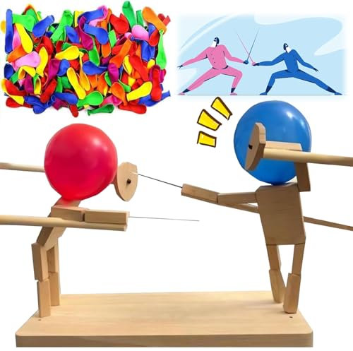 Balloon Bamboo Man Battle, Fast-Paced Balloon Fight, Wooden Bots Battle Game for 2 Players, Ballon-Bambus-Mann-Schlacht, Handmade Wooden Fencing Puppets, Hölzerne Fechtpuppen, Aufregend und lustig