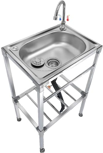 Évier en acier inoxydable Lavabo multifonction pour Intérieur Extérieur | Évier de Cuisine Inox Autoportant avec Robinet Evier 1 Bac pour garage/buanderie/Jardin/camping,Facile À Nettoyer