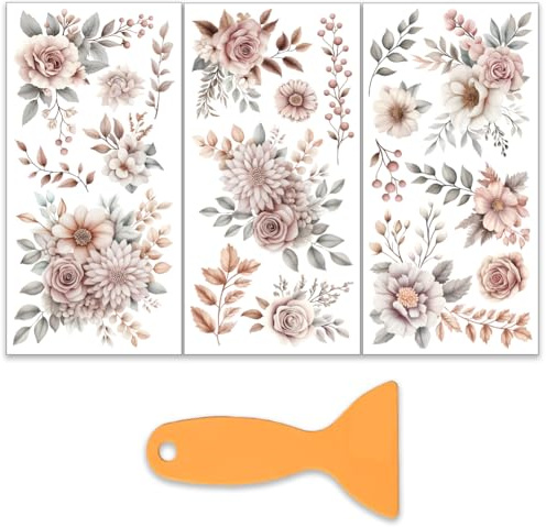 OLYCRAFT 3 Stück/Set Braune Blumen Zum Aufreiben Für Kunsthandwerk Und Möbel 15x30cm Große Möbelaufkleber Mit Rosen Und Zweigen Transferaufkleber Zum Aufreiben Mit 1 Teiligem Schaber Für Holzmöbel