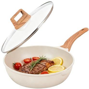 Nonstick Deep Frying Pan Granite, 11 Saute Pan with Lid and Wooden Handle