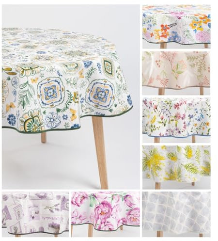 laro Ø 160 cm Premium Line Sommerblumen Bunt Hell Tischdecke rund - PVC Kunststoff - Wasserdicht & abwischbar, Muster:Mosaik Mediterran Weiß, Größe: Rund 160cm