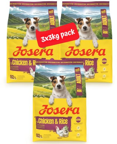 JOSERA Mini Huhn & Reis | 3X 3 kg | Trockenfutter für kleine Hunde | Adult | Glutenfreies Premiumfutter für Hunde kleiner Rassen - mit kleinen Kroketten | viel Biotin für Haut & Fell | extraverträglich