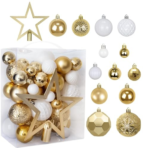 Weihnachtskugeln Set mit Spitze ∅8cm~3cm 50 Stück,Kunststoff Christbaumkugeln mit Baumspitze,Baumschmuck Weihnachten,Bruchsicher Plastik Weihnachtsbaum Dekorationsset-Gold Weiß