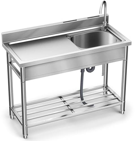 JIESOO Évier Cuisine Sur Pied Acier Inoxydable 304,Cuve Simple avec Grand Plan Travail Robinet Sous Étagère, Égouttoir Et Conduites D'eau Chaude Et Froide(47in Right)