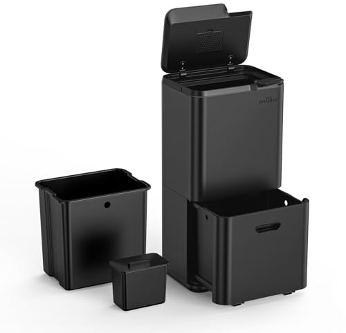 mVm Kitchen Bin,63L Triple Rubbish Bin,3 Compartment Stainless Steel Press Bin,Recycling Bin with Soft-Close Lids and Plastic Inner Buckets,Fingerprint Proof,Odour Seal,Large Capacity Trash Can