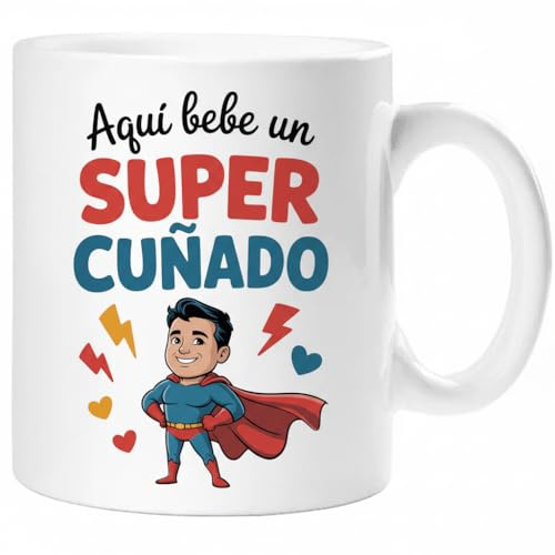Taza SUPER CUÑADO – Regalo Original para CUÑADO | Taza de Cerámica 325ml con Diseño Superhéroe | Apta Microondas y Lavavajillas