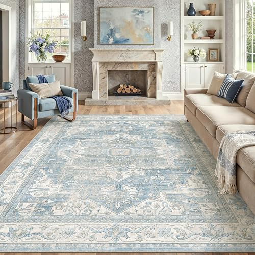 PureCozy Vintage Teppich Wohnzimmer 200x300cm Blau Waschbar Carpet Rug | Waschbarer Retro Teppich,Weich,Rutschfest Kurzflor,Groß,für Wohnzimmer,Schlafzimmer, Esszimmer,Büro,Carpet,Teppiche