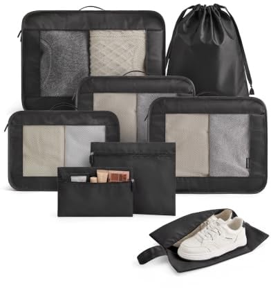 Light Flight 8-teilig Packwürfel Koffer Organizer Set Packing Cubes Reise | 8 Tasche für Kleidung Schuhe Kosmetika Toilette Zubehör, Leicht Travel Essentials Kofferorganizer für Backpack Rucksack