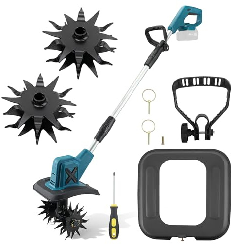 Bodenhacke Akku, Motorhacke mit bürstenlosem Motor, Gartenhacke Elektrisch höhenverstellbar, 4 Hackmesser, Zusatzhandgriff, ohne Akku und Ladegerät