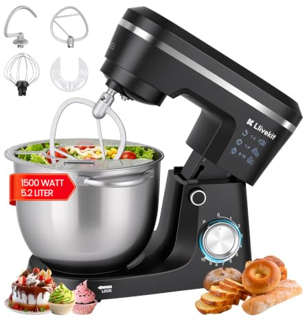 LLIVEKIT Batidora Amasadora con Bol 5,2 L, 10 Velocidades + Función Pulso | Robot Cocina 1500 W, Amasadora Pan y Reposteria, Batidora Multifuncional con Accesorios para Batir y Amasar, Bajo Ruido