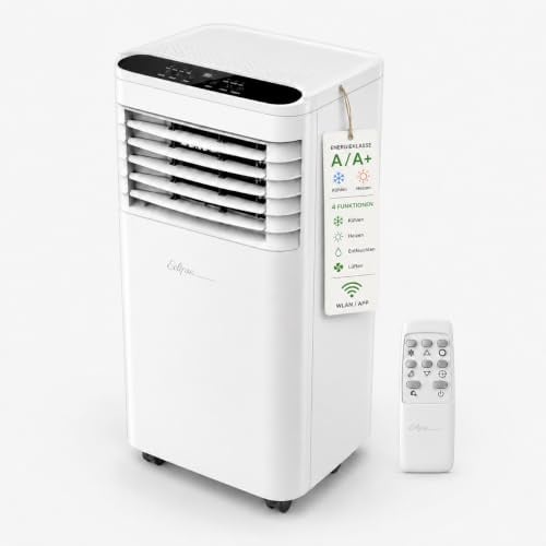 Mobiles Klimagerät 9000 BTU/h mit Fernbedienung als 4-in-1 Klimaanlage | Fensterinstallations-Set inkl. zum Kühlen, Ventilieren, Entfeuchten, Heizen, Ventilator mit WLAN App, Digitaldisplay, Timer