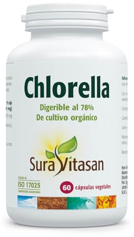 SURA VITASAN Chlorella 60 Cápsulas 100% Pura | Microalga Rica en Clorofila, Vitaminas y Proteínas de Alto Valor Biológico, Digerible al 78%
